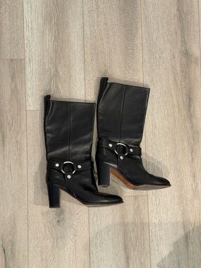 Frye Black Leather Mid-Calf Heeled Harness Boots